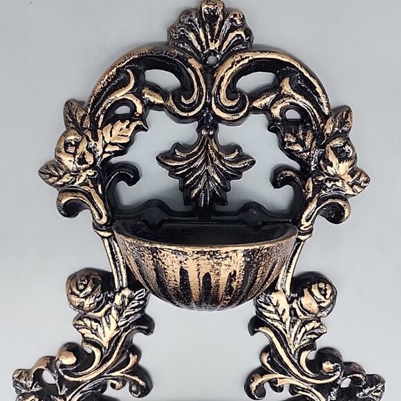 Vintage Cast Iron Plant Holder  Bird Feeder Wall Or Fence Mount  2 Tier 13” Gold - Picture 2 of 5